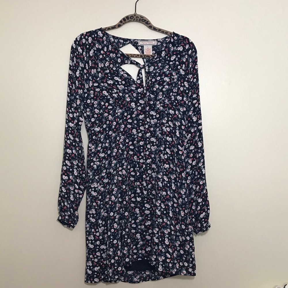 Flying Tomato Navy Floral Open Back 3/4 Sleeve Mini Dress 2201